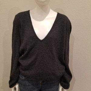 Gray women soft top pullover sweater angora rabbit hair cashmere V-neck size L
